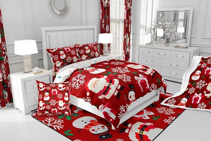 jejeloiu Merry Christmas Comforter Set Twin Size Xmas Santa Claus Bedding Set for Kids Boys Girls Cute Snowman Duvet Quilt Red Bedroom Decor