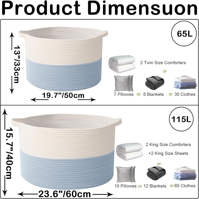 Large Blanket Basket for Organizing,65L Closet Organizers and Storage Bins Box for Shelves Woven Rope Storage Baskets,Living Room,Bedroom,Dorm,Laundry room (White&Blue)
