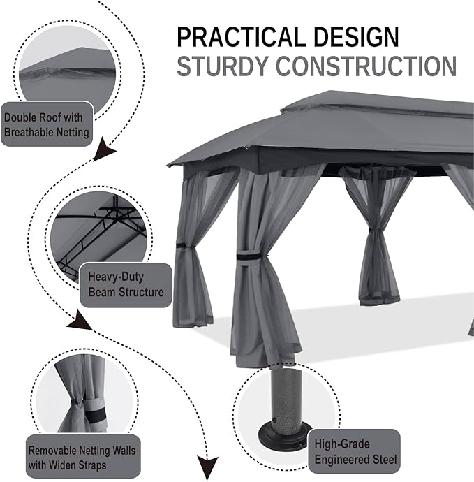 ABCCANOPY Outdoor Patio Gazebo 10x20 - Double Roof Canopy with Mosquito Netting for Backyard, Deck, Garden, Lawn, Dark Gray