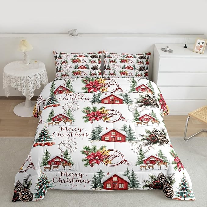 Merry Christmas Comforter Set King Size,Poinsettia Winter Xmas Pine Tree Kids Bedding Set,Snowflake Rustic Farmhouse Quilt Comforter,Red Green White Duvet Insert,2 Pillowcases