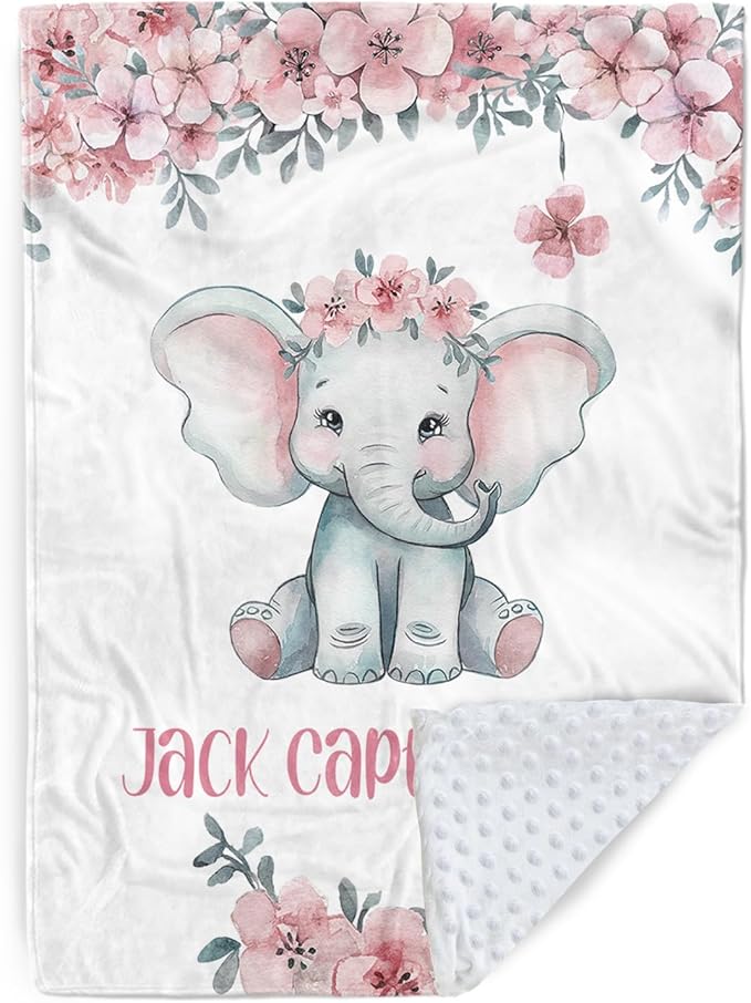 Personalized Baby Blankets for Girls Boys, Custom Elephant Baby Blanket with Name for Kids, Flannel Bed Throw Blanket for Newborn, Customized Baby Gifts for Baby Shower Nursery Blanket(30”x40)