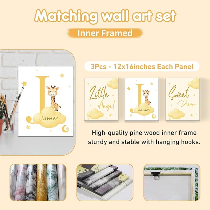 Custom Baby Bedding Set, 5 Pcs Personalized Name Baby Crib Sets for Infant Toddler Newborn, Yellow Giraffe Nursery Bedding Set for Girls Boys, Double Layer Crib Bedding Sets Customized Gifts