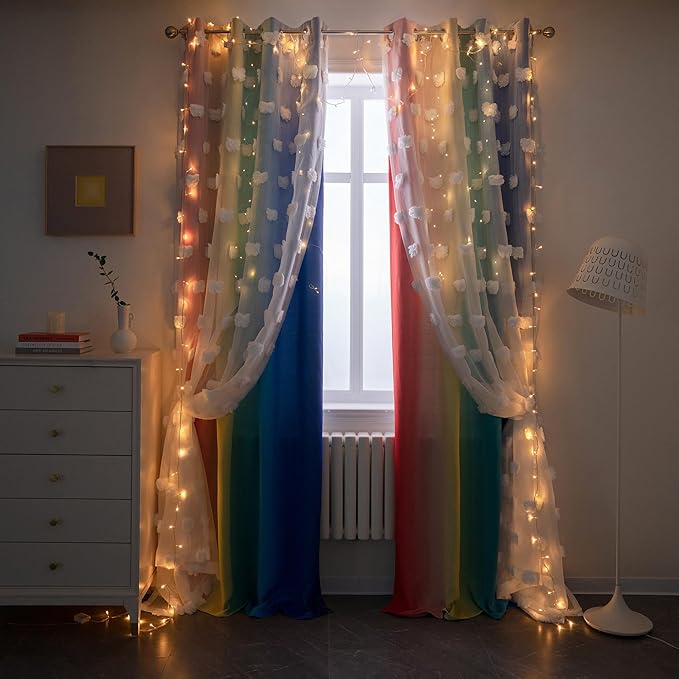 MYSKY HOME 95 Inch Long Rainbow Curtains for Girls Bedroom & Living Room - Double Layer Ombre, White Pom Pom, Blackout Sheer, Room Darkening Grommet Window Panels (2 Pieces, 52 x 95 in)