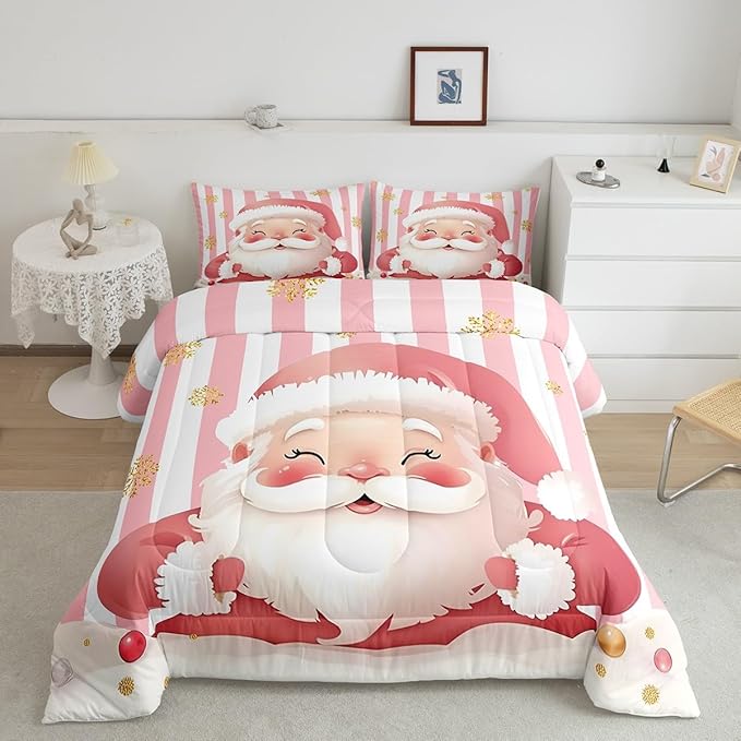 Feelyou Merry Christmas Decorations King Size Comforter Set Santa Claus Bedding Set Pink Quilt Set Soft Warm Lightweight Duvet Set