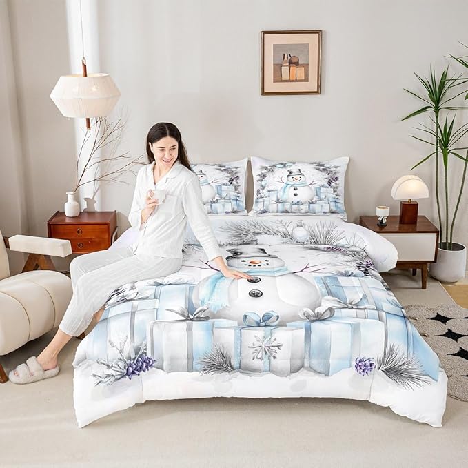 Feelyou Merry Christmas Kids Comforter Set Full Size Cute Snowman Bedding Set Duvet Quilt for Kids Boys Girls Bedroom Snowflake Decor Microfiber Ultra Soft Breathable