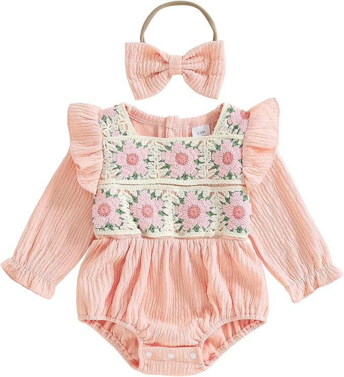Gaono Newborn Baby Girl Smocked Bubble Romper Cute Boho Summer Clothes Ruffle Sleeveless Crochet Flower Vintage Bodysuit