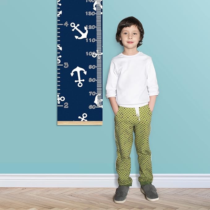 Personalized Kids Name Growth Chart Ruler for Wall Wood Frame Height Measure Chart 13.4x56 in Linen Hanging Height Growth Chart Nautical Anchor Navy Blue Kids Room Decor