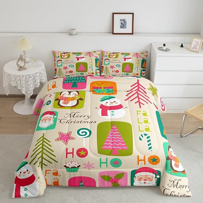 Erosebridal Xmas Decor Quilts Kids Santa Claus Christmas Tree Comforter Set Boys Girls Bedroom, Cartoon Snowflake Bedding Set Cute Snowman Down Comforter Toddler Size