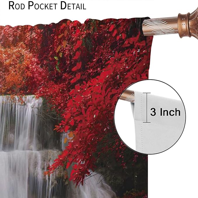 Red Forest Waterfall Blackout Windows Curtains, Tree Landscape Woodland Scenic Nature Fall Scenery Art Printed Curtains, for Living Room Bedroom 63x72in 2 Panels