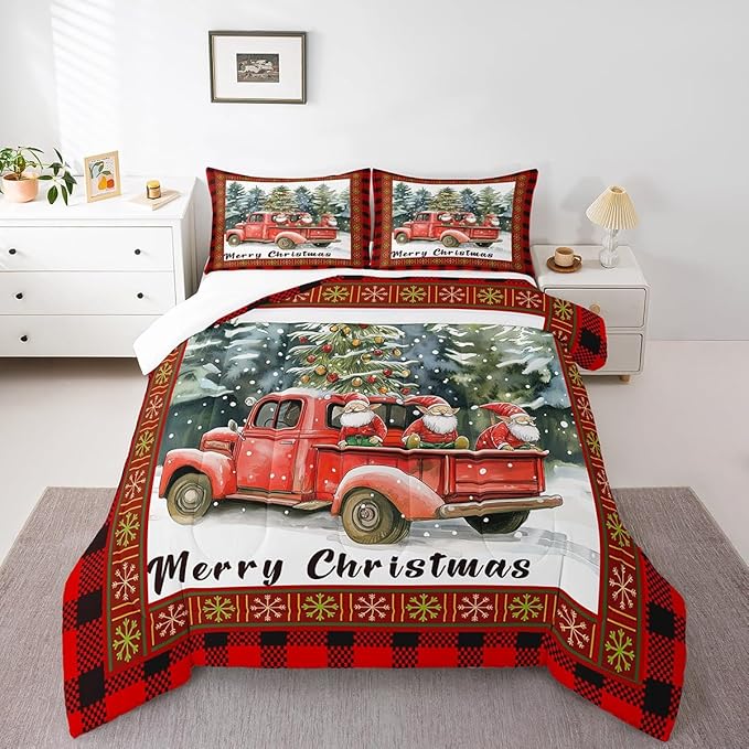 Merry Christmas Comforter Set Queen Size,Retro Red Truck Christmas Tree Bedding Set for Kids Boys Girls Room Decor,Gnome Snowflake Xmas Duvet Insert 3Pcs,Black Red Plaid Quilt Set,2 Pillowcases