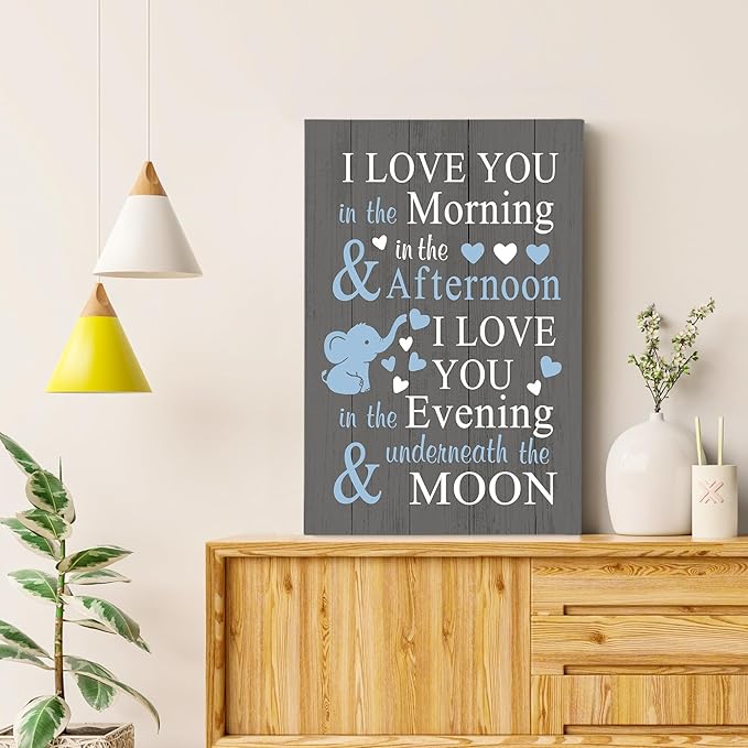 HIWX Baby Elephant Nursery Decor, I Love You In The Morning Sign Framed Canvas Painting Wall Art Decor, Elephant Wall Art, Baby Wall Art Home Decoration For Room Bedroom 14x16