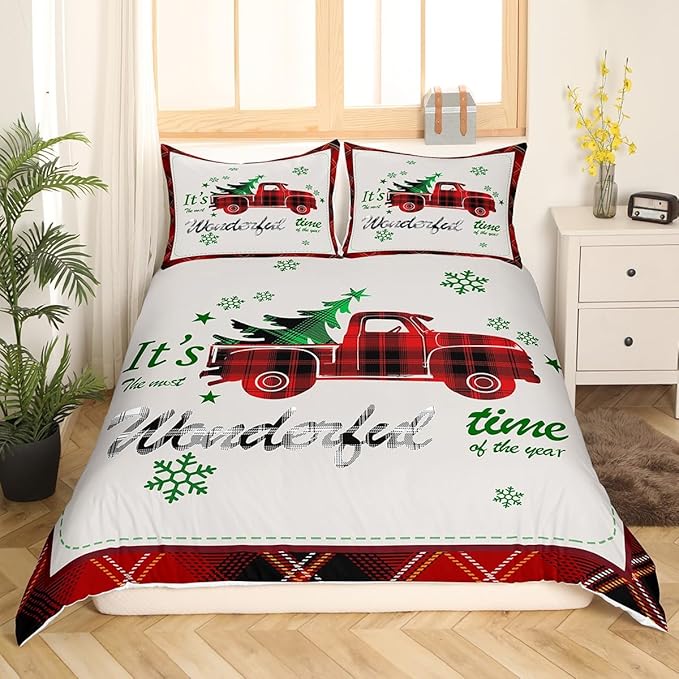 Manfei Xmas Truck Duvet Cover Set Queen Size, Christmas Tree Snowflake Print Bedding Set 3pcs for Kids Boys Girls Bedroom Decor, Red Plaid Print Comforter Cover with 2 Pillowcases,No Comforter