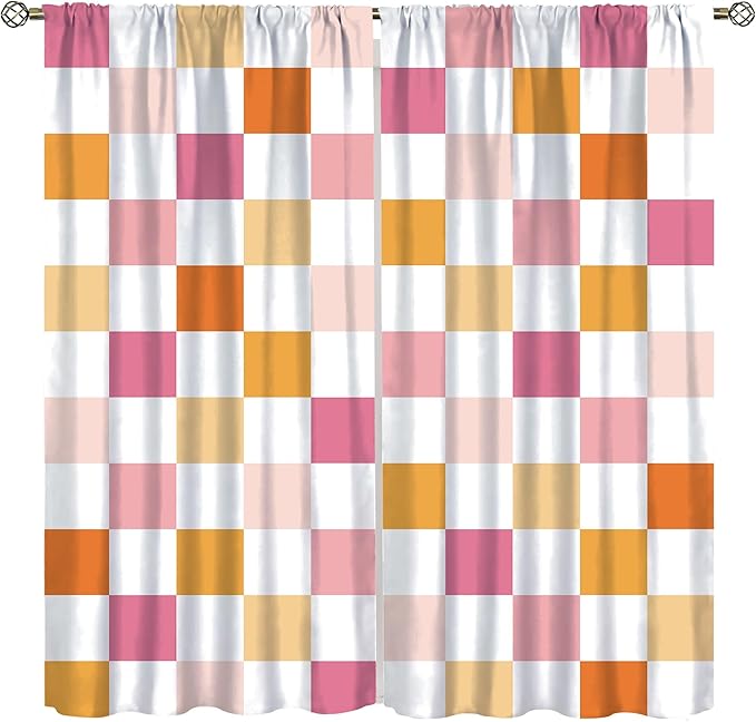 Pink Checkered Curtains,70s Vintage Twisted Checkered Window Drapes Colorful Groovy Trendy Wavy Hippie Grid Print Window Treatments for Kids Girls Bedroom Living Room 52" W X 84" L
