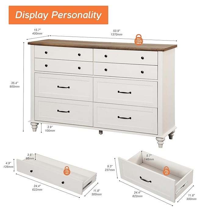 WAMPAT Kids Dresser for Nursery with 8 Drawers, Off White Baby Dresser for Kids Room, Wide Wooden Chests & Dressers for Bedroom, Distressed Mid Centuy Storage Organizer for Child’s Room, 54 Inch