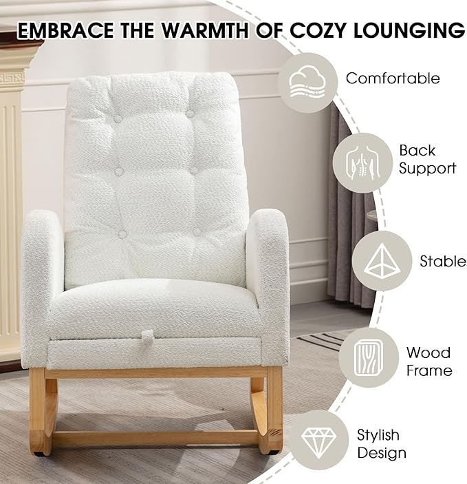 NIOIIKIT Nursery Rocking Chair, Linen Upholstered Glider Chair with Footrest, Tufted Rocker Recliner with Side Pocket, Comfy Recliner Glider, Accent Chair for Living Room (White Polar Fleece)