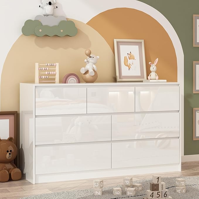 White Malm Dresser for Bedroom, 55 Inch Full High Gloss Dresser with 7 Drawers, Modern Large Wood Chest of Drawer Handle Free, Living Room, Entryway, Hallway, White