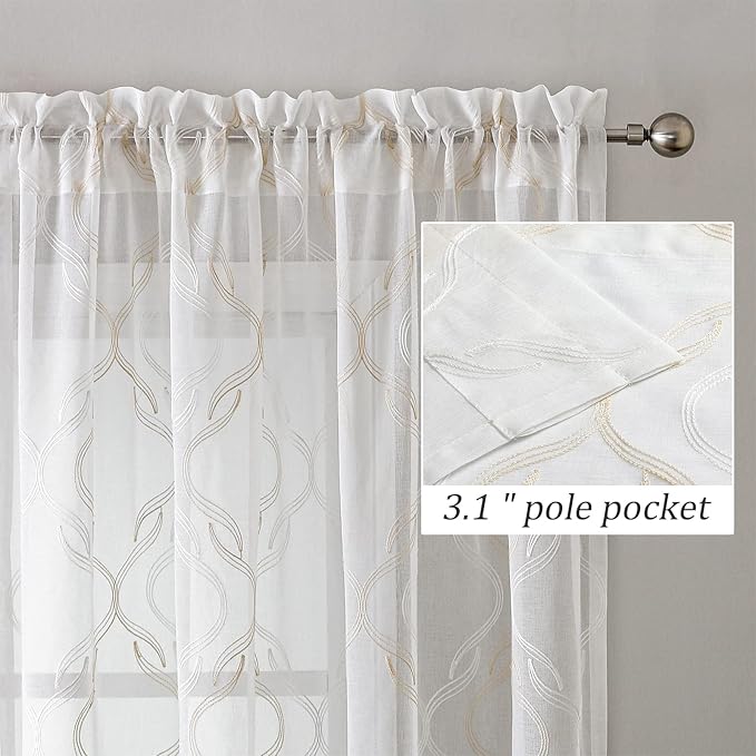 VISIONTEX Sheer Curtains 108 Inches Long 2 Panels Set, Beige and Ivory Two Tone Textured Moroccan Embroidery Geometric Rod Pocket Ivory Voile Tulle Semi Window Treatment Pair for Bedroom, W54 x L108