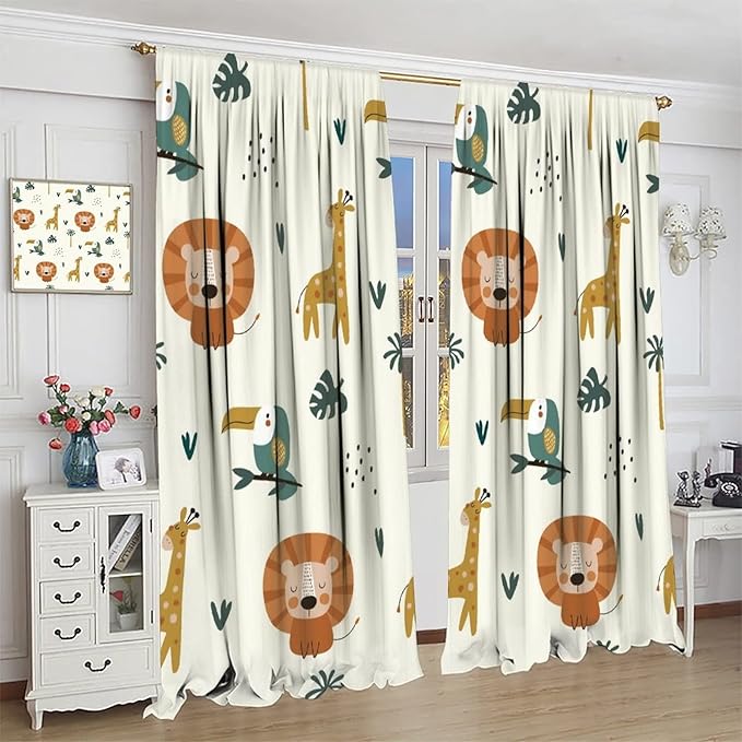 Cute Lion Window Curtains for Kids Bedroom,Cartoon Woodland Jungle Forest Wildlife Little Lion Giraffe Owl Palm Tree Printed Pattern Blackout Drapes for Living Room Baby Nursery Room 42x63in