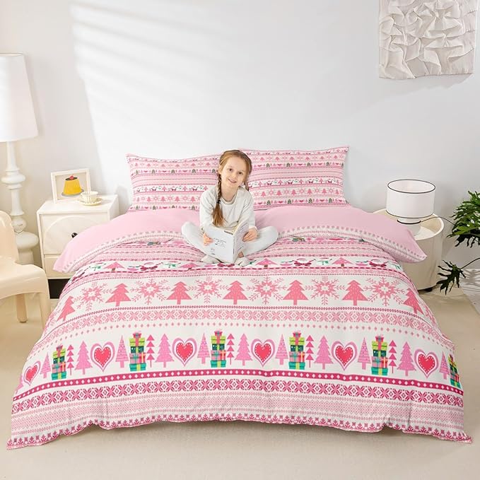 Christmas Comforter Cover Cartoon Santa Claus Snowman Bedding Set Pink Snowflake Christmas Tree Duvet Cover for Kids Boys Girls Microfiber Boho Stripes Bedspread Cover Room Decor Bedclothes Toddler