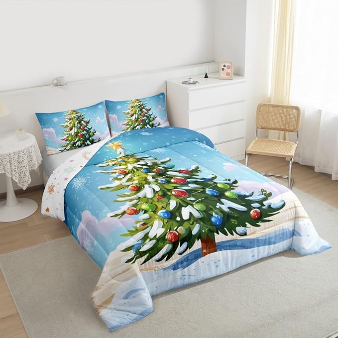 Feelyou Christmas Bedding Set Soft for Boys Girls, Xmas Tree Comforter Set Toddler Size Christmas Tree Ornaments Duvet Quilt Microfiber Winter Snowflake Bedroom Decor 2 Pcs with 1 Pillow Cases