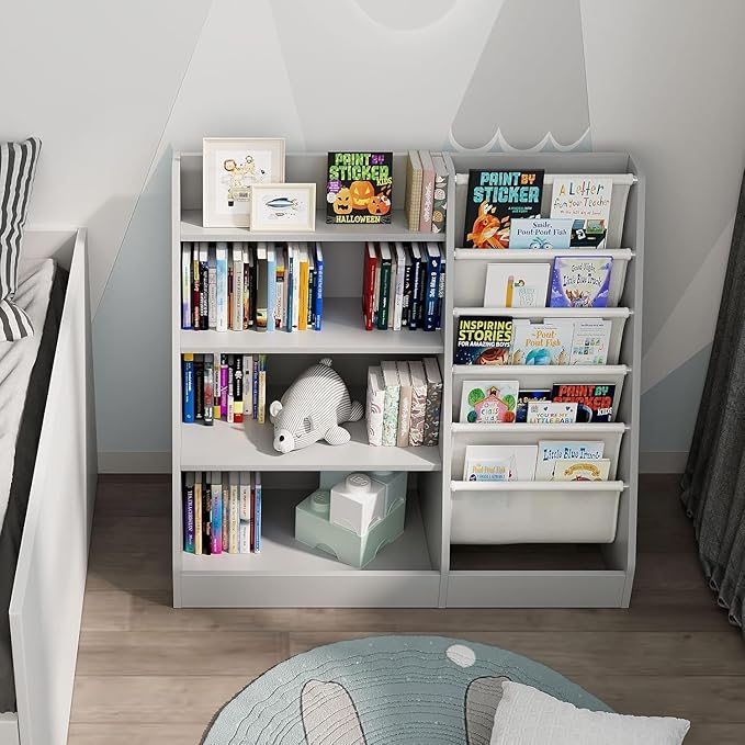 NACHES Montessori Kids Bookshelf Fabric Sling Pockets & Open Shelves – Front Facing Toddler Book Display and Toy Storage Organizer for Nursery Playroom or Bedroom 35" Wide (Gray, Middle)