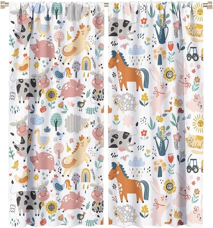 Farm Animal Curtains for Kids, Cartoon Cute Wild Animal Window Treatments Woodland Farmhouse Cow Horse Pig Window Drapes for Girls Boys Nursery Toddler Bedroom 63x63in
