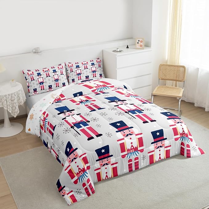 Feelyou Cute Nutcracker Comforter Set Queen Size Christmas Ornaments Bedding Set for Kids Boys Girls Xmas Snowflake Duvet Quilt Soldier Bedroom Decor Kawaii Microfiber 3 Pcs with 2 Pillow Cases
