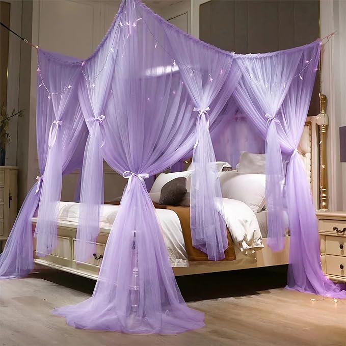 VETHIN 4 Corners Post Princess Bed Canopy Curtain Double Layer Cozy Drape Netting 4 Opening Mosquito Net for Girls & Adults Bedroom Decoration Accessories (Double Purple,59" W*82" L*82"*H/(Queen))