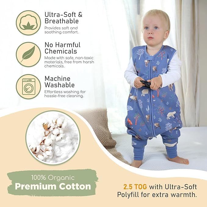 Mama Cheetah Toddler Sleep Sack with Feet 2T, 2.5 TOG Organic Cotton Baby Sleeping Bag with Legs, Baby Wearable Blankets for Walkers w/ 2-Way Zipper, Baby Sleep Sack for Girls Boys, Medium