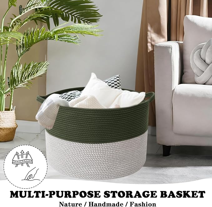 Large Blanket Basket for Organizing,65L Closet Organizers and Storage Bins Box for Shelves Woven Rope Storage Baskets,Living Room,Bedroom,Dorm,Laundry room (Green&White)