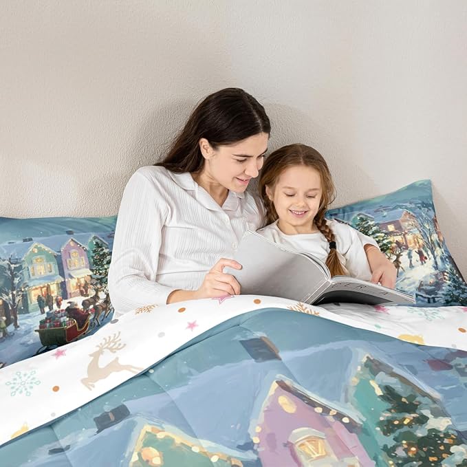Feelyou Watercolor Christmas Comforter Set Toddler Size Santa Claus Bedding Set for Kids Boys Girls Reindeer Sled Duvet Quilt Xmas Tree Bedroom Decor Microfiber 2 Pcs with 1 Pillow Cases