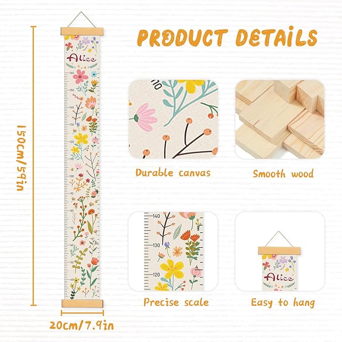 Personalized Name Growth Chart for Wall, Painted Plants Canvas Height Chart for Kids Baby Child Toddler, Canvas Growth Chart for Wall Nursery Decor, Hangable & Waterproof