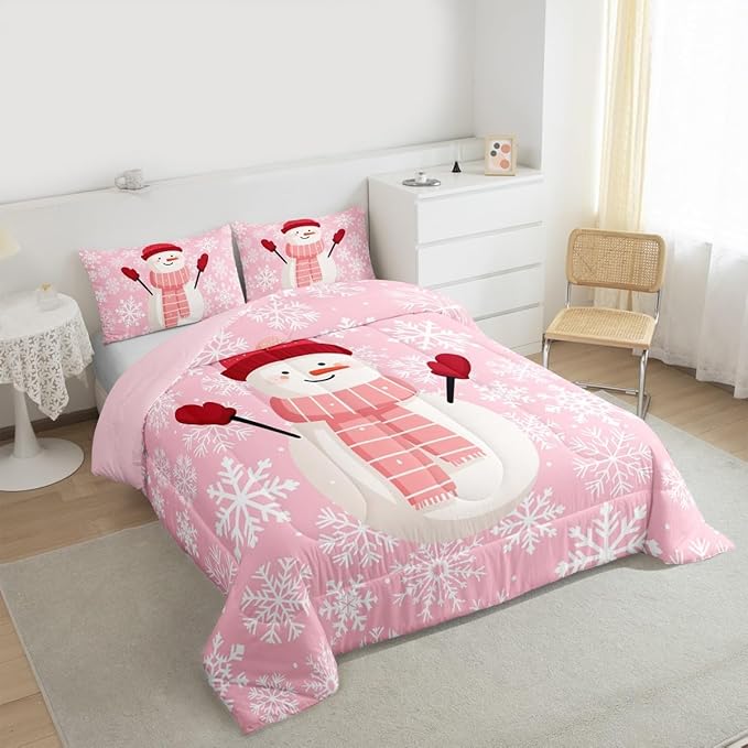 Feelyou Christmas Bedding Set Soft for Boys Girls, Snowman Pink Comforter Set Full Size Xmas Snowflakes Duvet Quilt Microfiber Winter Snow Bedroom Decor 3 Pcs with 2 Pillow Cases