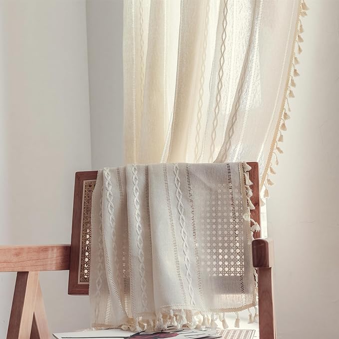 Deeprove Ivory Boho Curtain 96 Inches Long for Bedroom Living Room Decor, Bohemian Hollow Chic Style Tassels, Vintage Farmhouse Country French Window Treatment Drape, Rod Pocket, 1 Panel W52x L96
