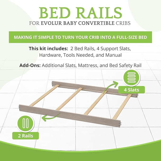 Full-Size Conversion Kit Bed Rails for Evolur Cribs - Solid Wood Crib Convertible Kit to Kids Bed - Transitional Style Rails & Easy-to-Install Child Essentials for Safety (Windsor Oak Grey)