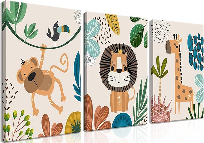 AKWISH Safari Jungle Nursery Wall Decor Set of 3 - Framed Animal Canvas Wall Art for Baby Room, Toddler Boy or Girl Bedroom, Cute Safari Themed Baby Nursery Decor 16x24in