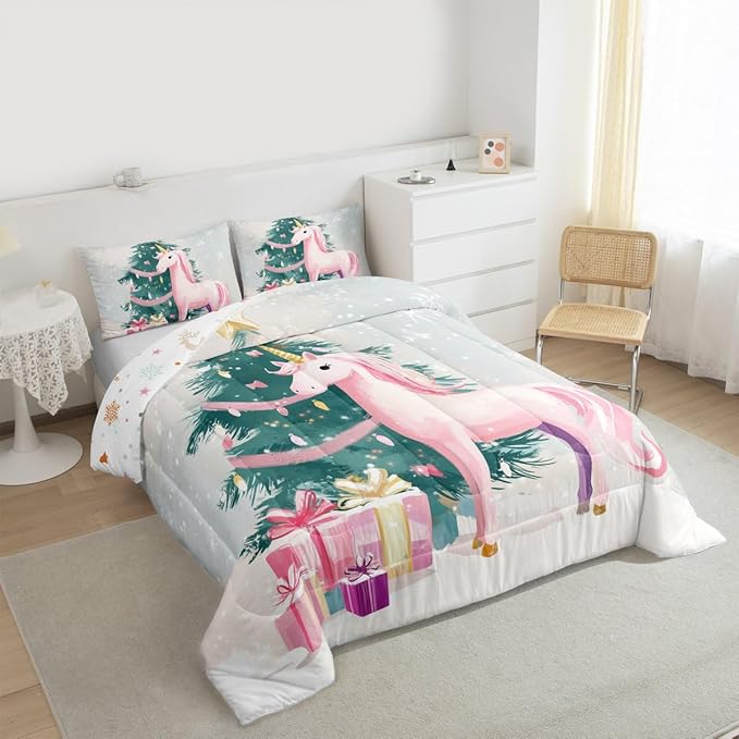 Feelyou Merry Christmas Comforter Set Queen Size Cute Unicorn Bedding Set for Kids Boys Girls Gift Duvet Quilt Christmas Tree Bedroom Decor Microfiber 3 Pcs with 2 Pillow Cases