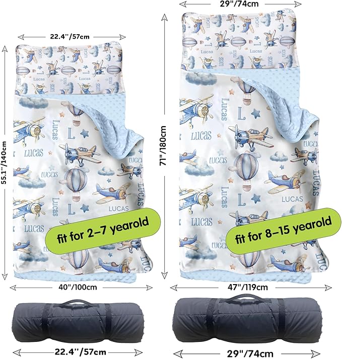 Personalized Toddler Nap Mats for Preschool, Custom Name Kids Sleeping Bag for Daycare, Roll Up Sleeping Mat with Removable Pillow and Soft Dot Minky Blanke for Boys Camping Travel