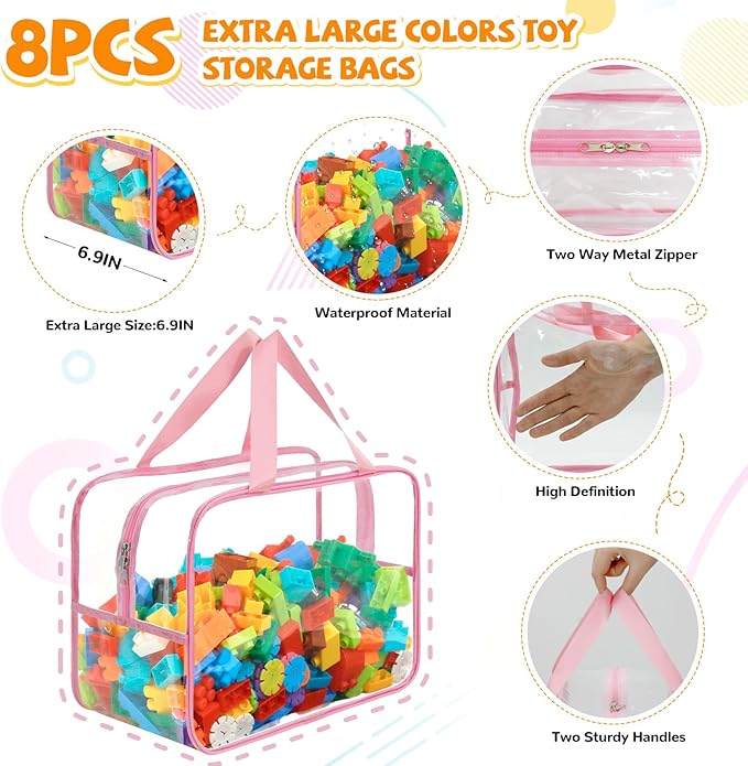 8 Packs Widen X-Large Toy Storage Bags 12.6×9.25×6.9In with Labels, Reusable Clear PVC Board Game Storage, Travel Waterproof Organizer Bags with Zipper for Building Blocks, Puzzle, Stuffed Animals