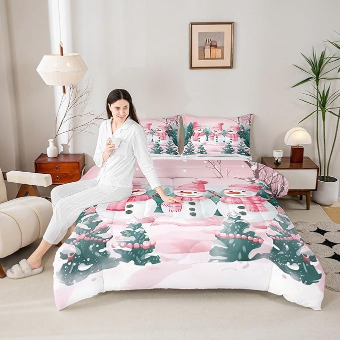 Feelyou Pink Christmas Kids Comforter Set King Size Merry Christmas Tree and Snowman Bedding Set Cute Snowman Duvet Quilt for Kids Boys Girls Bedroom Xmas Snowflake Decor Kawaii Ultra Soft Breathable