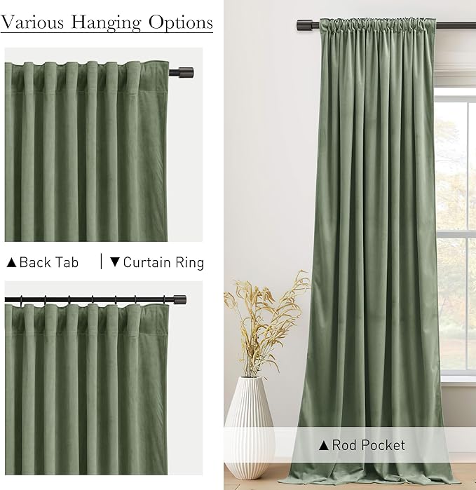 StangH Retro Green Velvet Curtains 84 Inches, Room Darkening Super Soft Drapes with Pleat Tape for Living Room Bedroom, Thermal Insulated Window Treatment, 52 x 84 Inch, 2 Panels