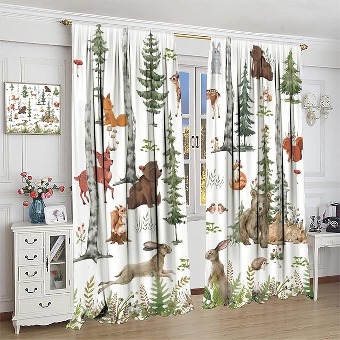 Animal Kids Curtains, Woodland Squirrel Rabbit Bear Animal Friends Forest Curtains for Boys and Girls Bedroom Living Room Kitchen 63x63in