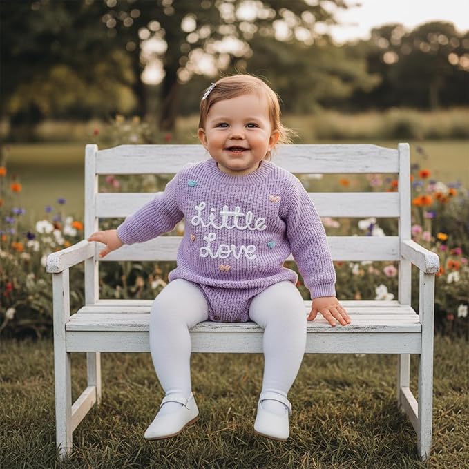 Lesimsam Newborn Baby Boy Girl Valentines Day Outfit Oversized Embroidery Long Sleeve Knit Sweater Bubble Romper Bodysuit
