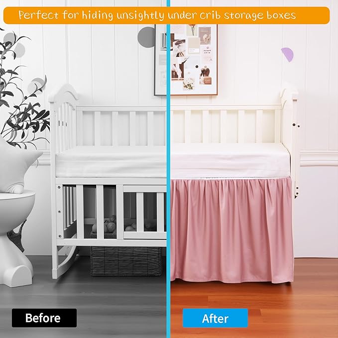 Crib Bed Skirt Dust Ruffle 100% Cotton - Natural, Soft, Breathable for Baby's Delicate Skin, Nursery Toddler Crib Bed Skirt for Baby Boys Girls, Fits Standard Cribs 28" x 52" with 14" Drop
