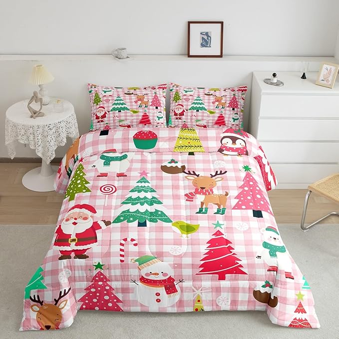 Castle Fairy Merry Christmas Kids Comforter Set Twin Size,Cartoon Xmas Style Cute Animals Bedding Set for Kids Boys Men,Santa Claus Pine Trees Pink Checkered Quilted Duvet Set with 1 Pillowcase