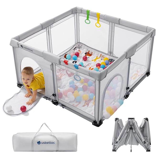 Foldable Baby Playpen,Portable Playpen for Babies and Toddler,50 * 50 Inch Kids Travel Play Pen with 4 Handlers,Carry Bag,Lighgtweight Baby Play Yard for Indoor&Outdoor,Light Gray