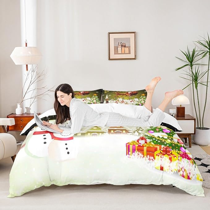 Manfei Christmas Duvet Cover Set Twin Size, Xmas Tree Snowman Comforter Cover with 1 Pillowcase, Santa Claus with Deer Bedding Set for Kids Boys Girls New Year Theme Bedspread Cover, No Comforter
