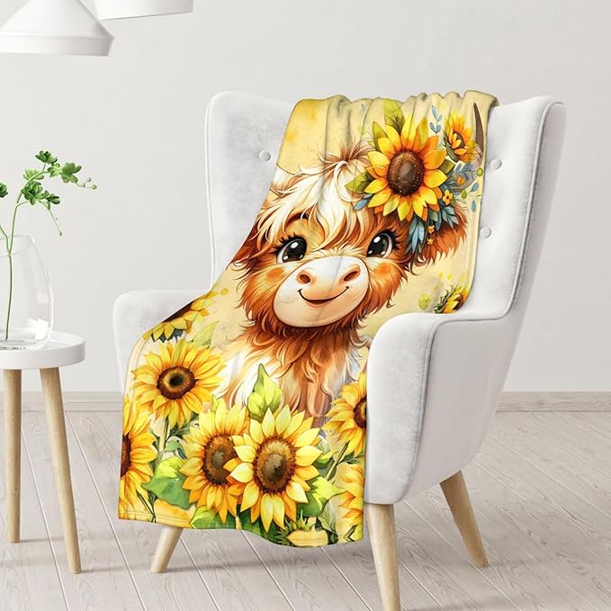 Highland Cow Blanket for Adults - 60" x 80" Inches Cute Throw Blanket for Women, Men - Yellow Warm Cozy Blankets for Sofa, Bed & Living Room