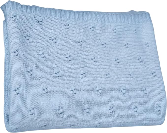 Baby Knit Blanket, 100% Cotton Eyelet Patterns, Soft, Cozy, Lightweight Swaddle for Newborn & Infant Swaddling Beige Neutral, Perfect Baby Shower Ideas Baby Blue 30x40