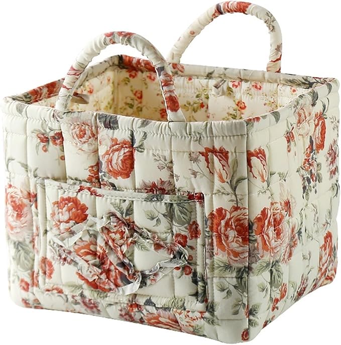 Boho Fabric Storage Basket, Collapsible Floral Laundry Nursery Hamper, Portable Folding Organizer Bin for Home Office Picnic Clothes Toys Books Sundries Storage (Floral 10)
